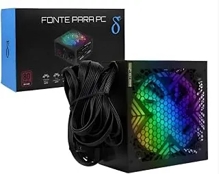 Fonte Gamer 750W 80 Plus ATX Ventoinha 120mm RGB Bivolt com 2x PCIe 6+2 4 SATA e PFC Ativo para PC Gamer e Desktop (Preto)