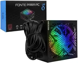 Fonte Gamer ATX 650W 80 Plus Bronze RGB Bivolt com 2x PCIe 6+2, 4 SATA, Ventoinha 120mm e PFC Ativo (Preto)