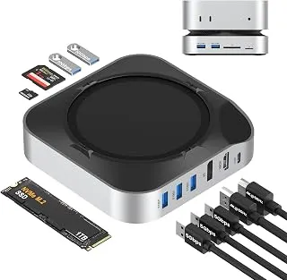 Dock Mac mini M4 com gabinete SSD NVMe, estação de ancoragem, monitor duplo para Mac mini M4/M4 Pro, hub USB-C de 6 portas com HDMI 4K60Hz, DisplayPort, leitor de cartão SD/TF, 10Gbps USB-A