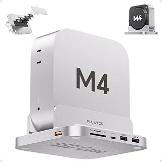 Dock Mac mini M4 com gabinete SSD M.2 de 4 TB, hub USB-C vertical de alumínio 8 em 1 para Mac mini M4 Pro Hub com USB-A/C 3.2 10 Gbps, 2 x USB-A 2.0, áudio de 3,5 mm, SD/TF (SSD não incluído) | PULWTOP Suporte vertical de alumínio para Mac mini M4, acessórios M4 com USB-A/C 10 Gbps, áudio de 3,5 mm, SD/TF