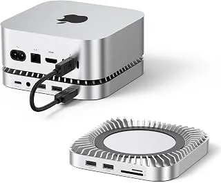 Raycue Base e suporte para Mac mini M4 com gabinete SSD NVMe 8T, 2 USB A de 10 Gbps, porta de dados USB C de 10 G, USB A*2 5G, carregamento USB-C, SD/TF, áudio para Mac mini M4/M4 Pro
