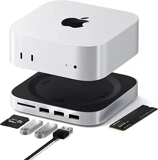 Satechi Hub e suporte para Mac mini M4 com gabinete SSD NVMe, base Mac mini M4 com 2 x USB A até 10 Gbps, porta de dados USB A, leitor de cartão SD, autoresfriamento otimizado - prata